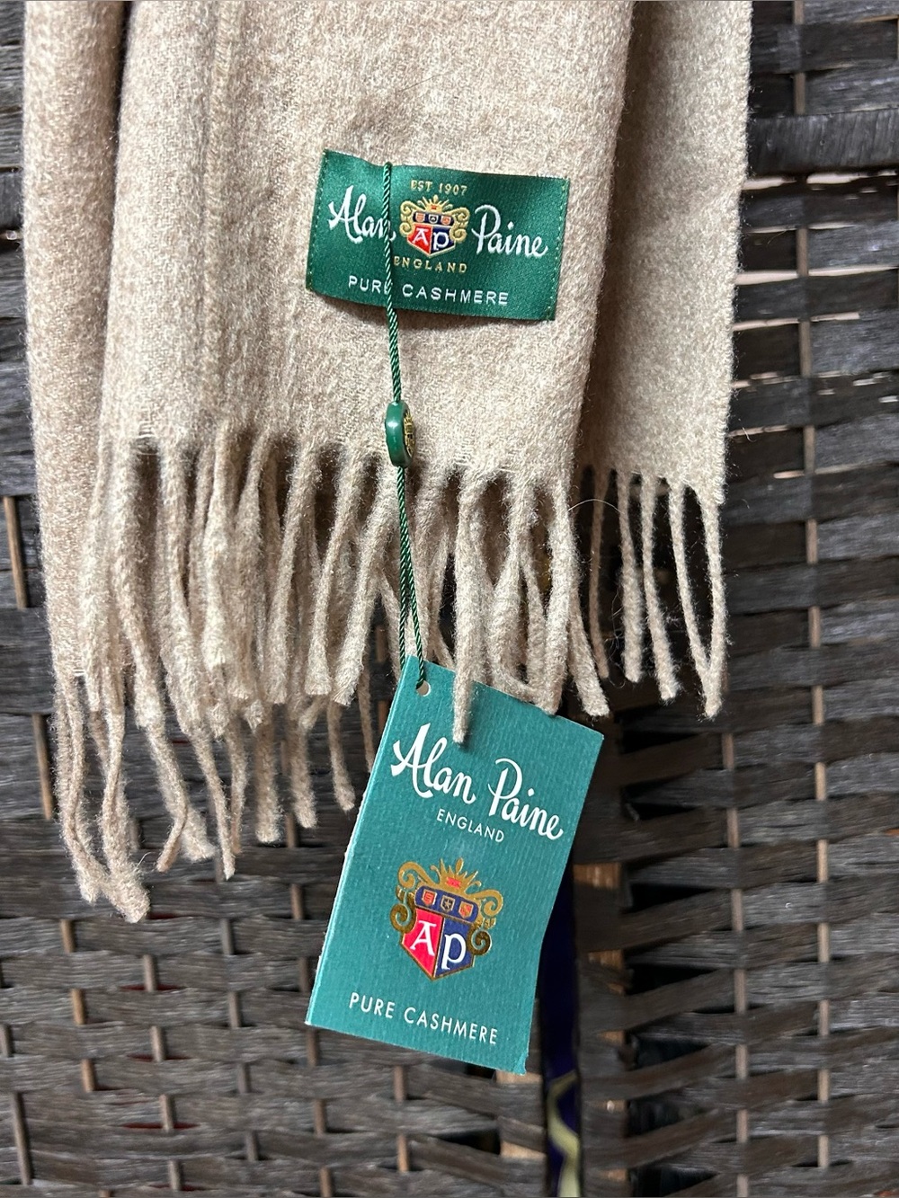 Alan Paine brown cashmere fringed scarf brand new Risbury in color mushroom
